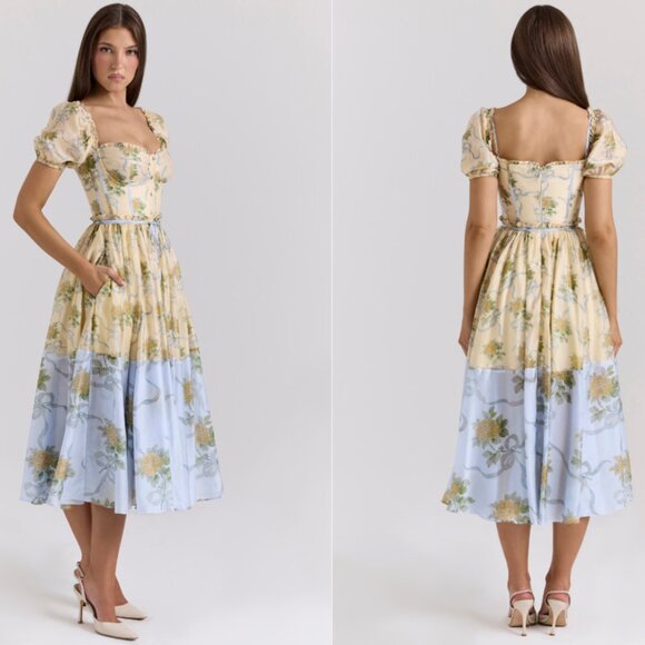 House of CB 'Penelope' lemon vintage rose chiffon midi dress NWOT - Picture 2 of 3